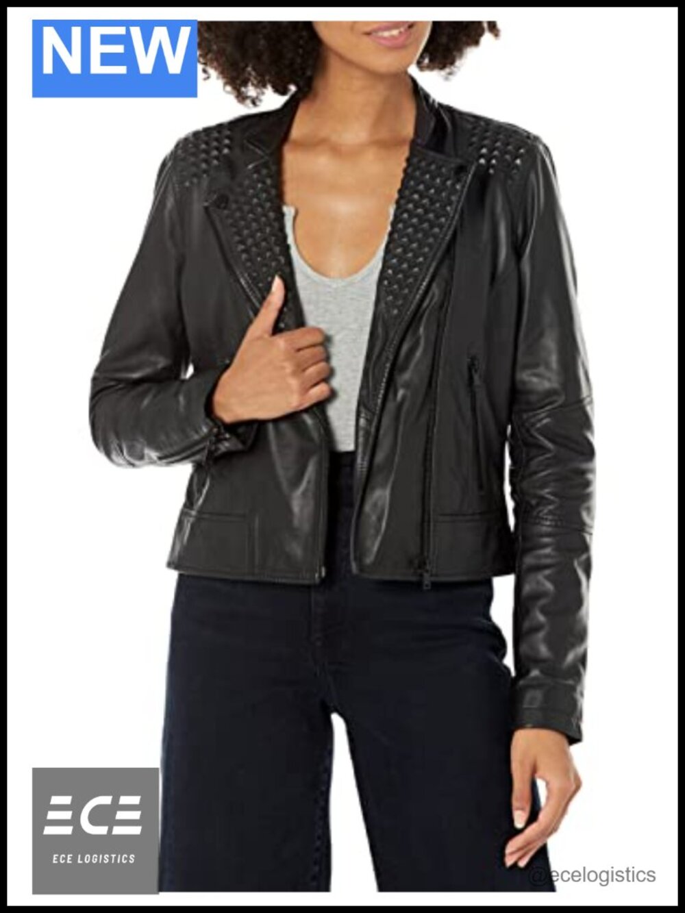 Embossed Studs Leather Moto Jacket Fitted Aviator